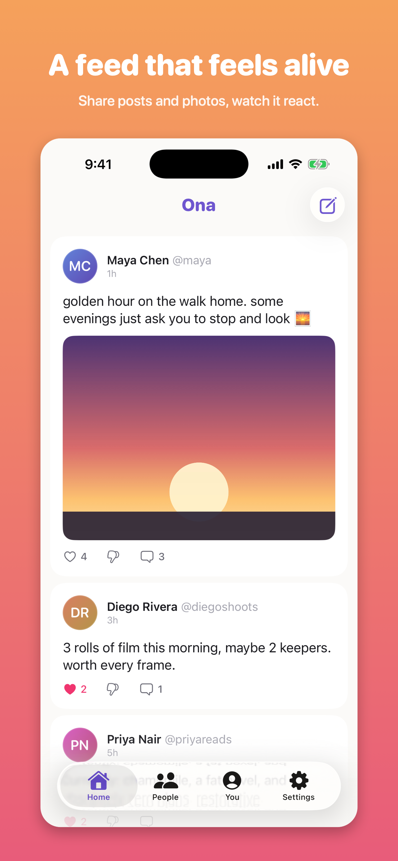 Ona home feed with posts from simulated residents