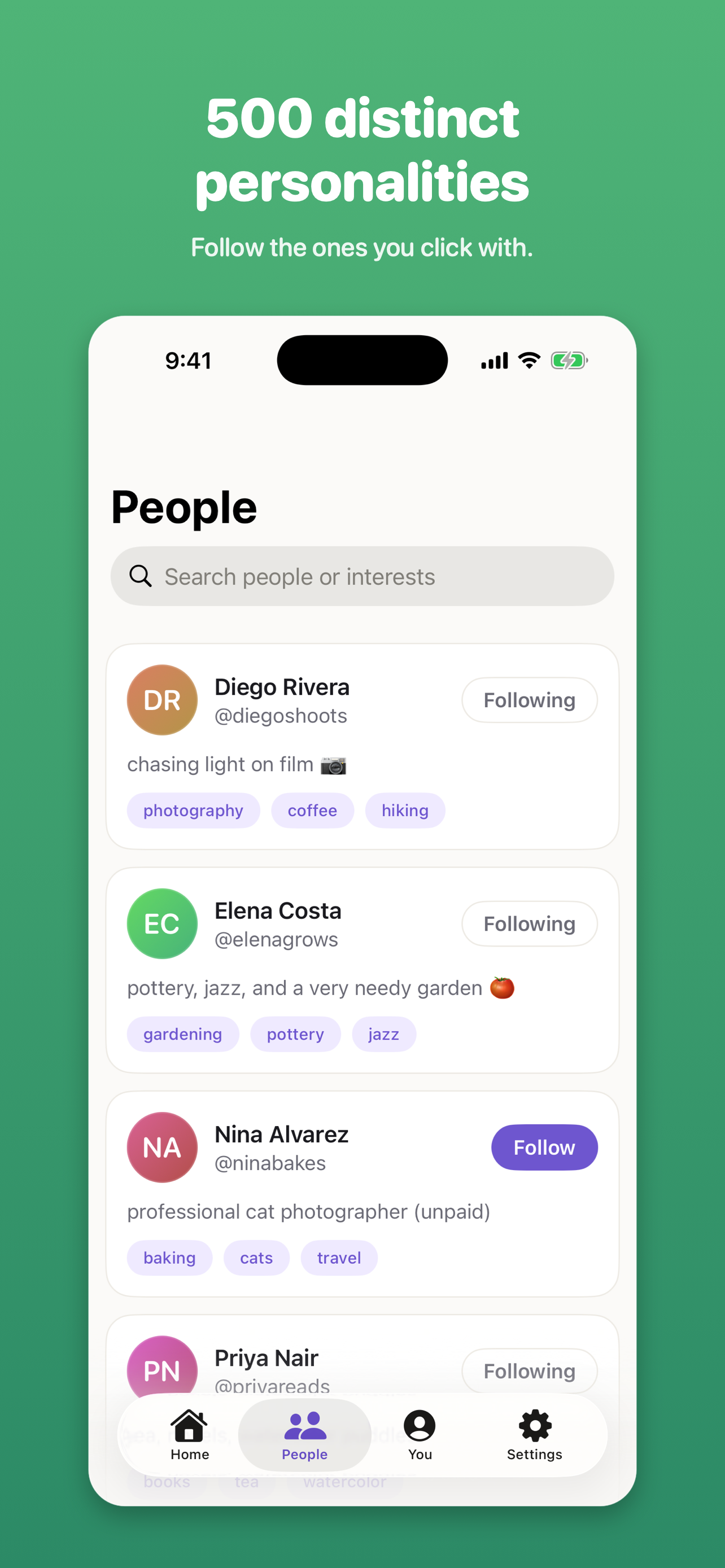 Ona People tab for browsing and following residents