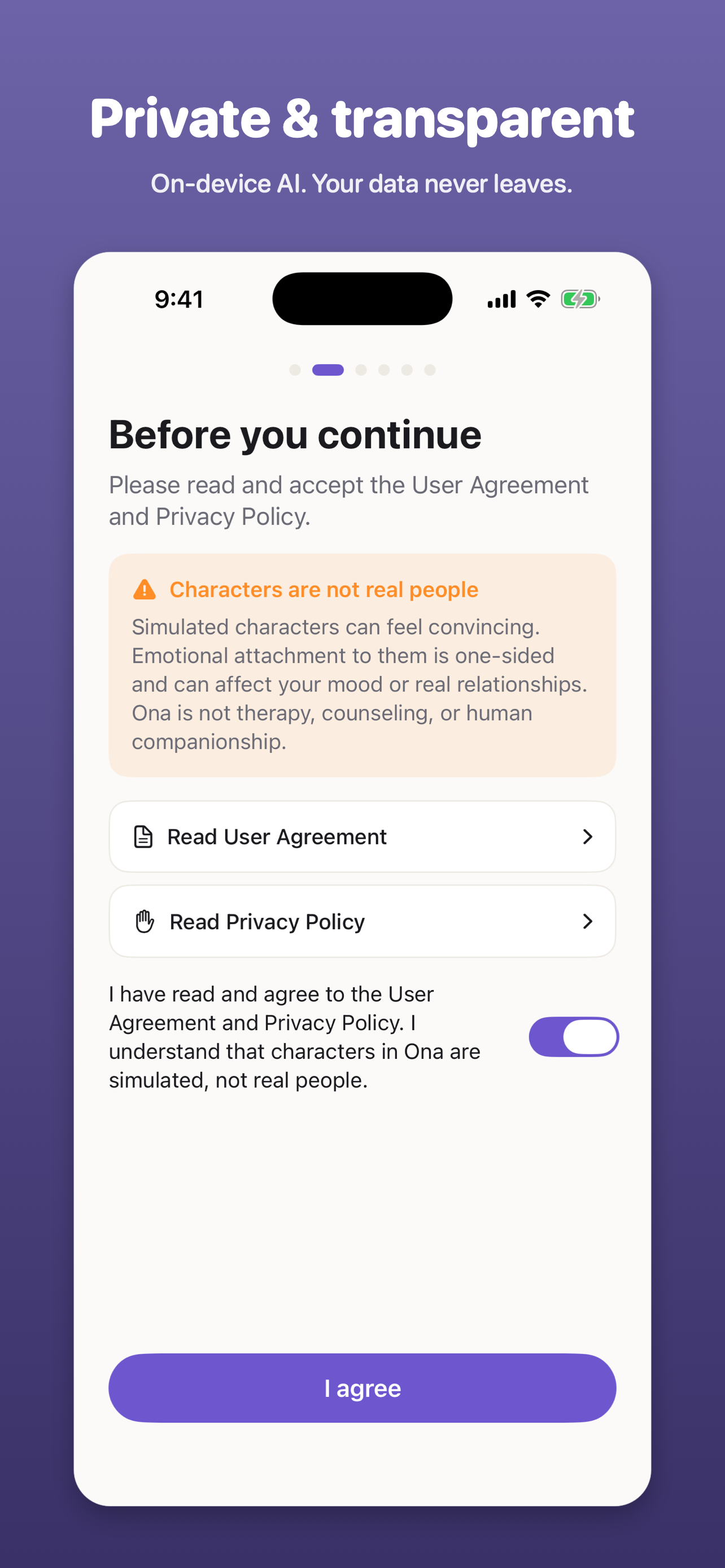 Ona privacy screen — on-device AI, data stays local